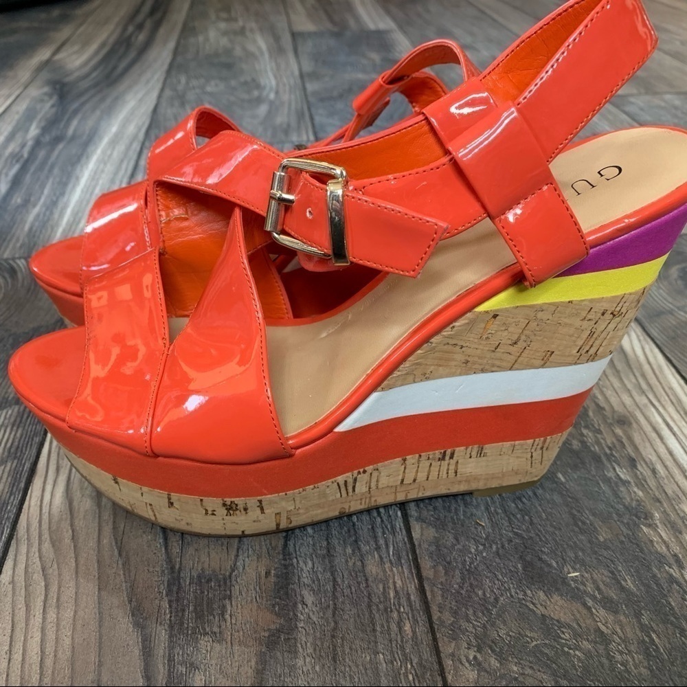 Guess Coral Stripe Sandals Cork Wedge Heels Sz 10